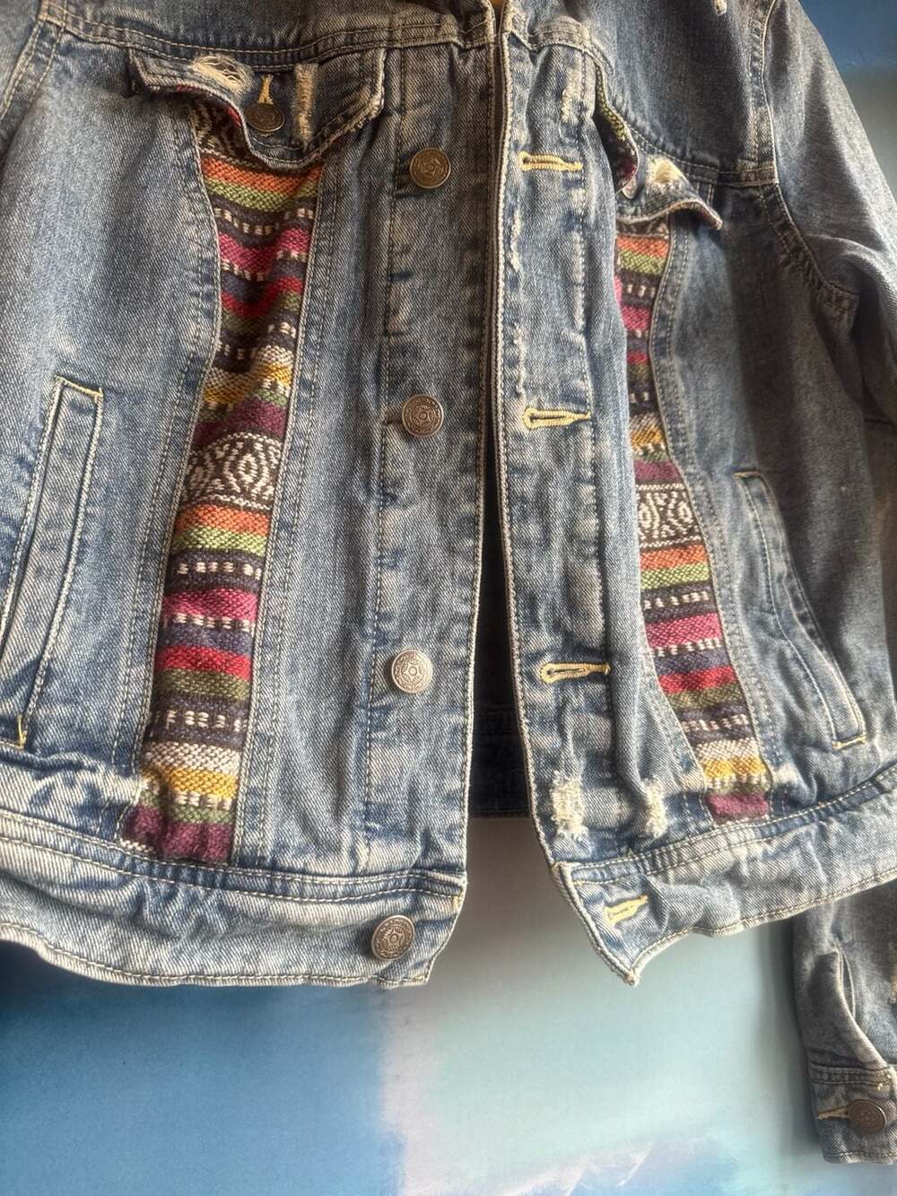 Free People Baja Serape Embroidered Distressed Denim Trucker Jacket - Picture 6 of 9